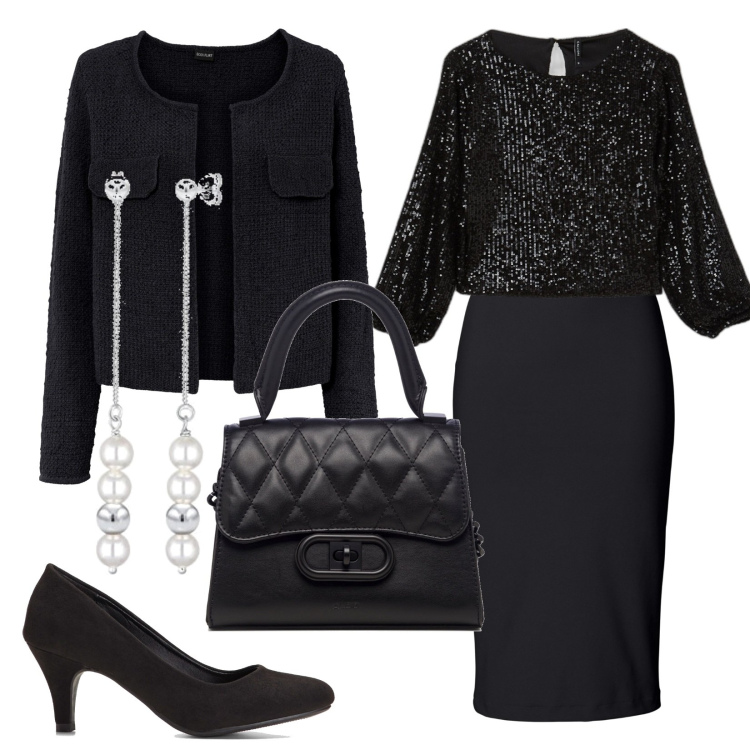 Outfit donna - Serata elegante. Stile Chic per Serata fuori. Abbinamento con gonne longuette, décolleté, cardigans, bluse, borse a mano, orecchini.