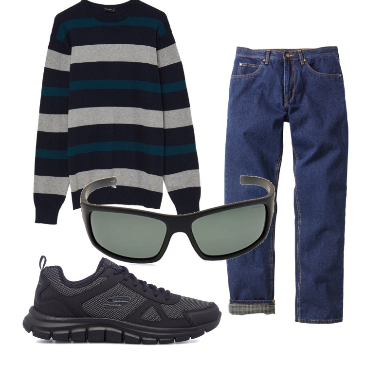 Outfit uomo - Total look #1569419. Stile Trendy per Tutti i giorni. Abbinamento con jeans dritti, pullovers, sneakers, occhiali da sole.