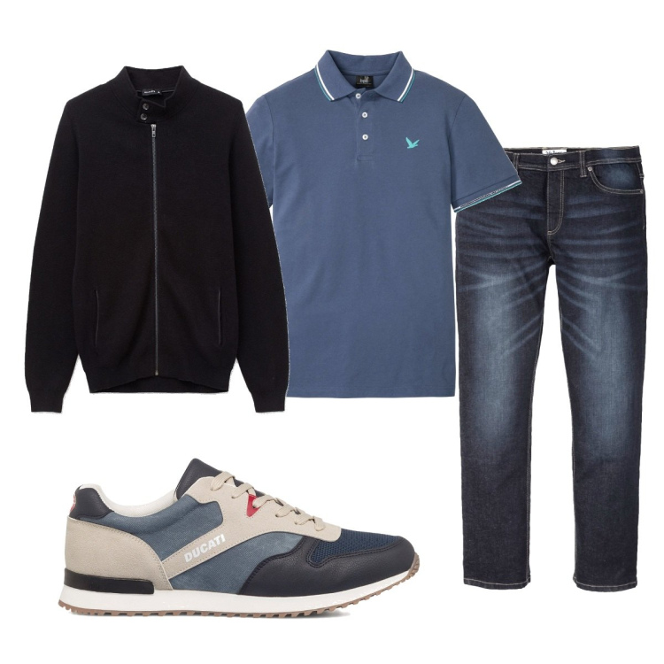 Outfit uomo - Total look #1569423. Stile Casual per Tutti i giorni. Abbinamento con polo, jeans dritti, cardigans, sneakers.