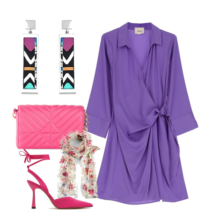Outfit donna - In città. Stile Casual chic per Tutti i giorni. Abbinamento con foulard, borse a mano, décolleté, vestiti chemisier, orecchini.