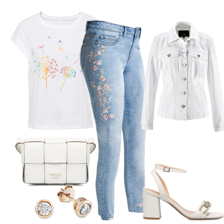 Outfit donna - Romantici jeans floreali. Stile Casual per Tutti i giorni. Abbinamento con jeans, t-shirt, blazer, sandali gioiello, borse a tracolla, orecchini.