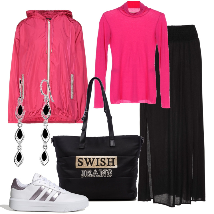 Outfit donna - Gonna e maglia in tessuti leggeri. Stile Urban per Tutti i giorni. Abbinamento con gonne lunghe, giacche, top, sneakers, borse a spalla, orecchini.