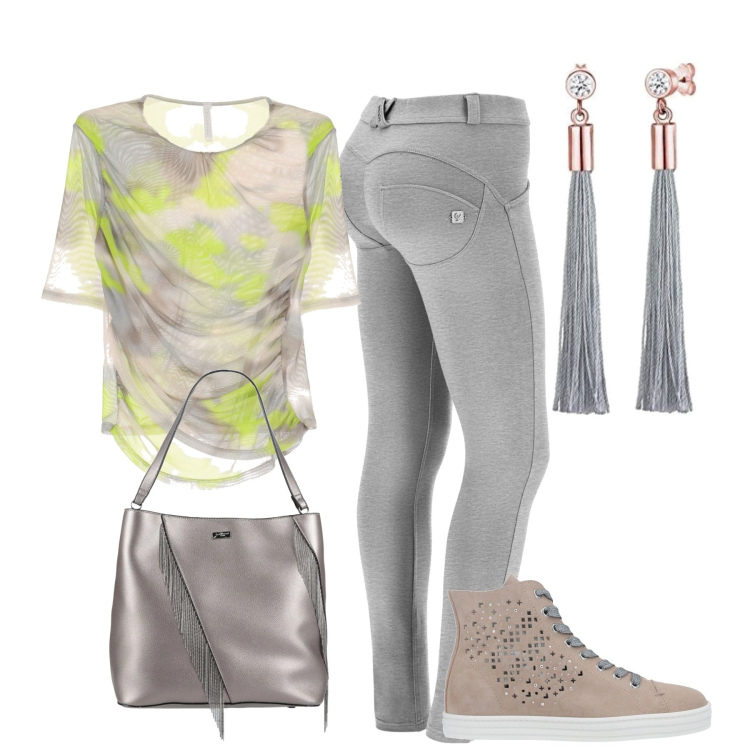 Outfit donna - In città. Stile Sporty chic per Tutti i giorni. Abbinamento con sneakers, borse a mano, t-shirt, pantaloni skinny, orecchini.