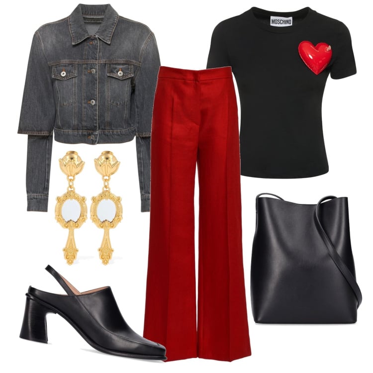 Outfit donna - Rosso e nero. Stile Rock per Serata fuori. Abbinamento con borse a mano, t-shirt, giacche, pantaloni, décolleté, orecchini.