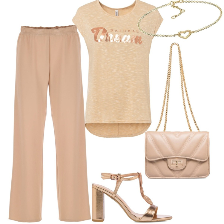 Outfit donna - Glamour tutti i giorni. Stile Glamour per Tutti i giorni. Abbinamento con maglieria, pantaloni a palazzo, sandali in pelle, borse a tracolla, braccialetti.