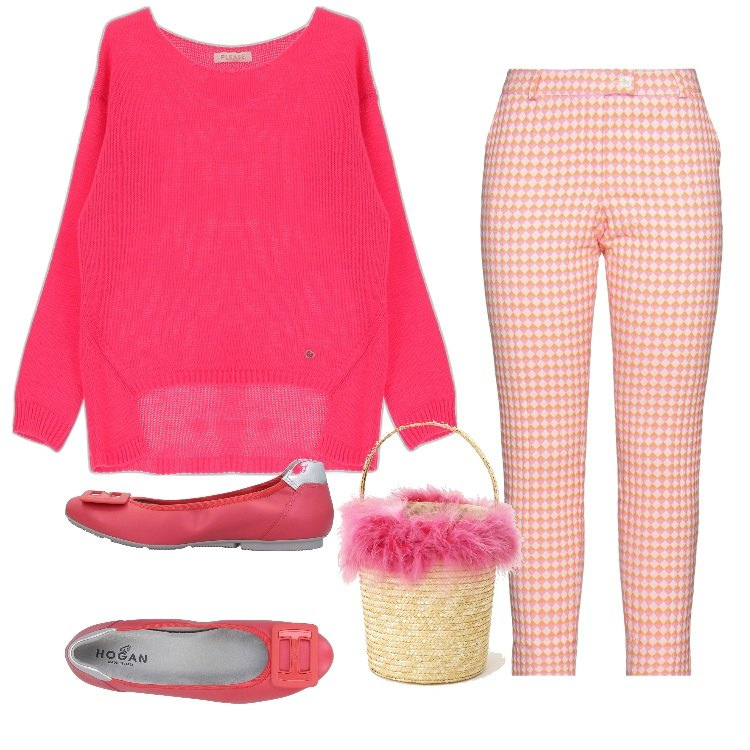 Outfit donna - Rosa.. Stile Casual per Tutti i giorni. look ideale per Tall. Abbinamento con ballerine, pantaloni, maglieria, borse a secchiello.