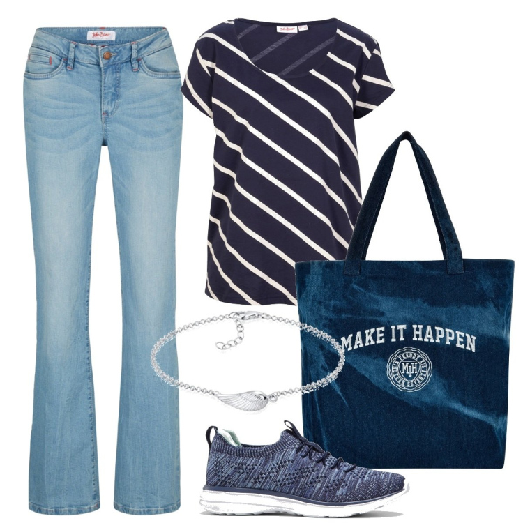 Outfit donna - Basic #4672. Stile Basic per Tutti i giorni. Abbinamento con jeans bootcut, sneakers, t-shirt, shopping bag, braccialetti.