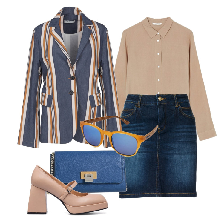 Outfit donna - La gonna in denim. Stile Bon Ton per Tutti i giorni. Abbinamento con gonne, blazer, borse a tracolla, camicie, décolleté, occhiali da sole.