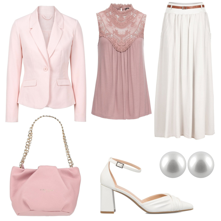 Outfit donna - Bianco e rosa curvy. Stile Bon Ton per Serata fuori. Abbinamento con gonne lunghe, top, blazer, borse a mano, décolleté, orecchini.