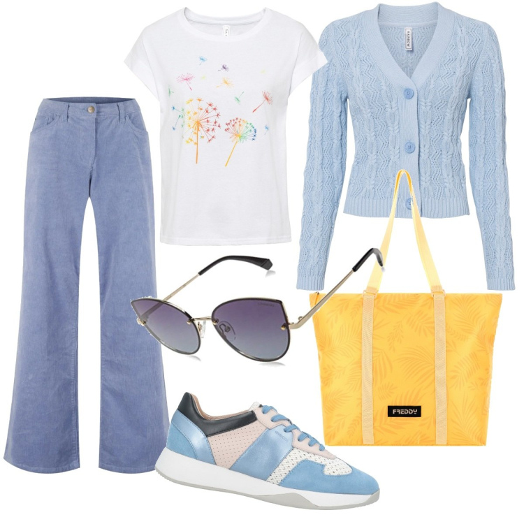 Outfit donna - Delicata in viaggio. Stile Casual per Tutti i giorni. Abbinamento con t-shirt, cardigans, pantaloni, sneakers, borse tote, occhiali da sole.