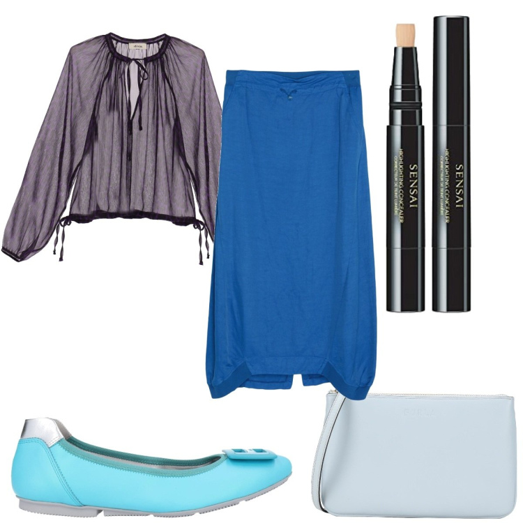 Outfit donna - Total look #1569723. Stile Trendy per Tutti i giorni. Abbinamento con ballerine, gonne lunghe, borse a tracolla, bluse, correttori.