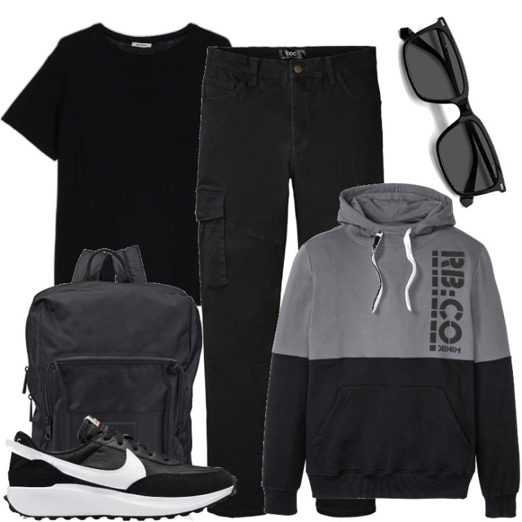 Outfit uomo - Total look #1569749. Stile Casual per Tutti i giorni. Abbinamento con felpe con cappuccio, pantaloni cargo, t-shirt, sneakers, borse sportive, occhiali da sole.