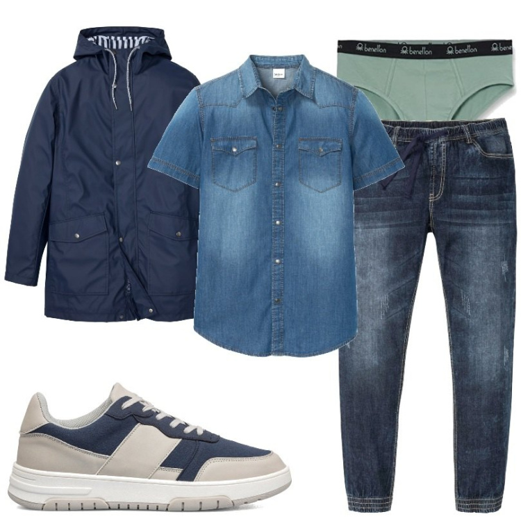 Outfit uomo - Giacca antipioggia. Stile Casual per Tutti i giorni. Abbinamento con camicie a manica corta, giacche, jeans slim fit, sneakers, slip.