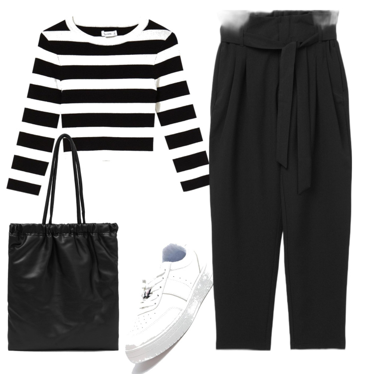 Outfit donna - Paris. Stile Minimal per Tutti i giorni. Abbinamento con sneakers, pantaloni, t-shirt, shopping bag.
