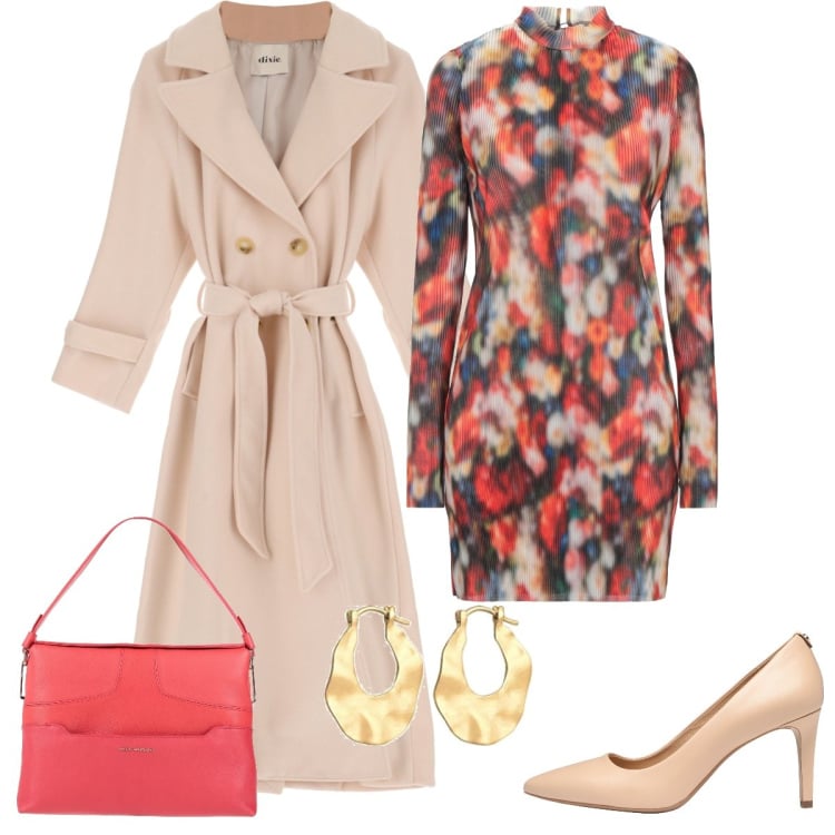 Outfit donna - Pranzo in città. Stile Chic per Tutti i giorni. Abbinamento con décolleté, vestiti corti, borse a spalla, cappotti, orecchini.