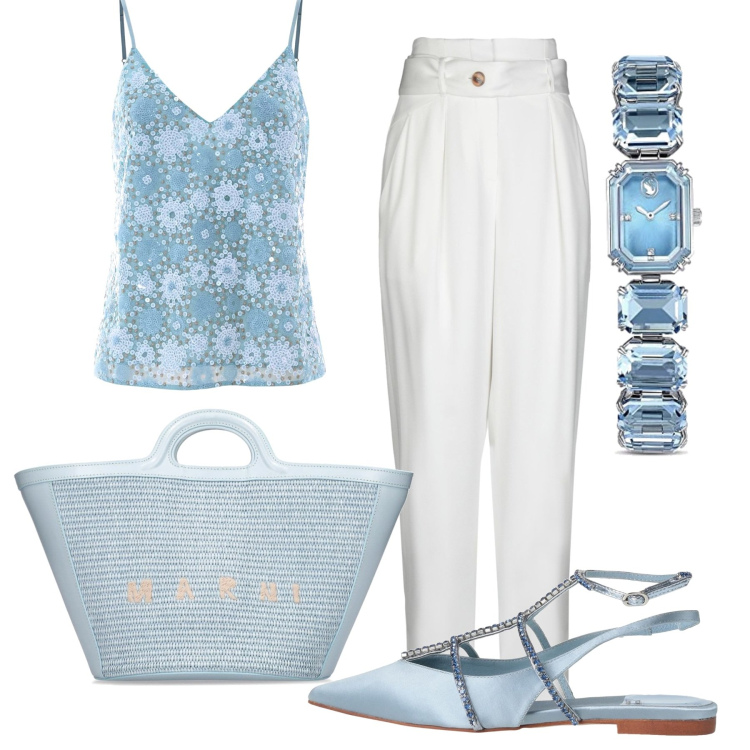 Outfit donna - Celeste pallidissimo. Stile Romantica per Cerimonia. Abbinamento con ballerine, pantaloni, top, borse a mano, orologi.