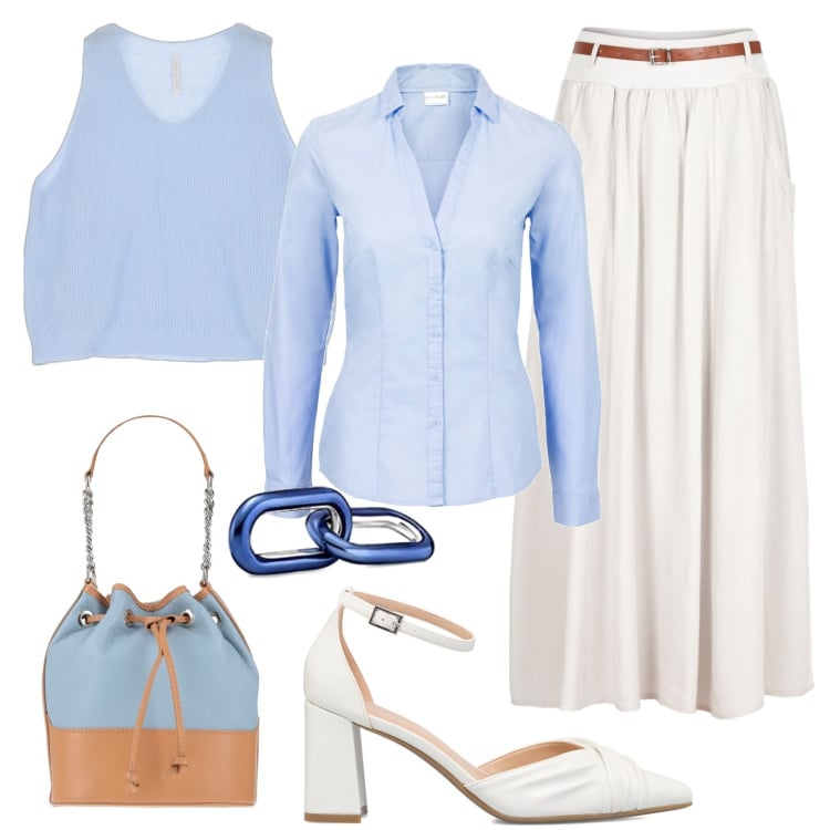 Outfit donna - Chic plus size. Stile Bon Ton per Ufficio. Abbinamento con gonne lunghe, camicie, borse a mano, canottiere, décolleté, braccialetti.