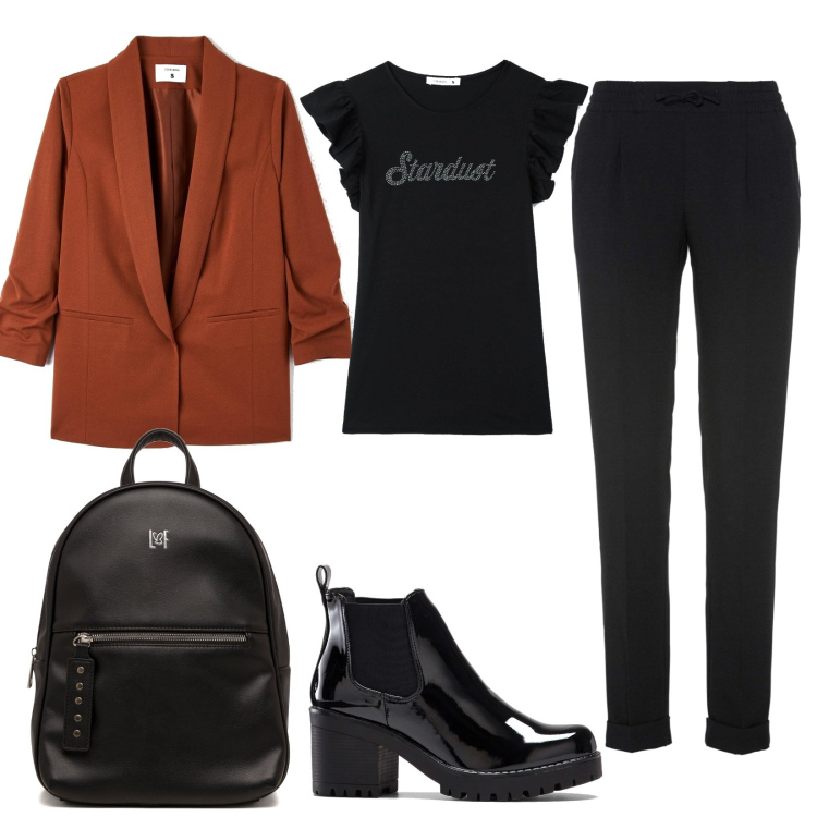 Outfit donna - In ufficio fashion. Stile Trendy per Ufficio. Abbinamento con pantaloni, stivaletti, giacche, t-shirt, zaini.