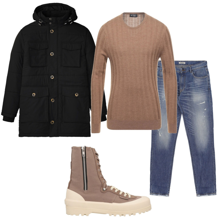 Outfit uomo - Passeggiata in montagna. Stile Casual per Tutti i giorni. Abbinamento con parka, pullovers, stivali e stivaletti, jeans slim fit.