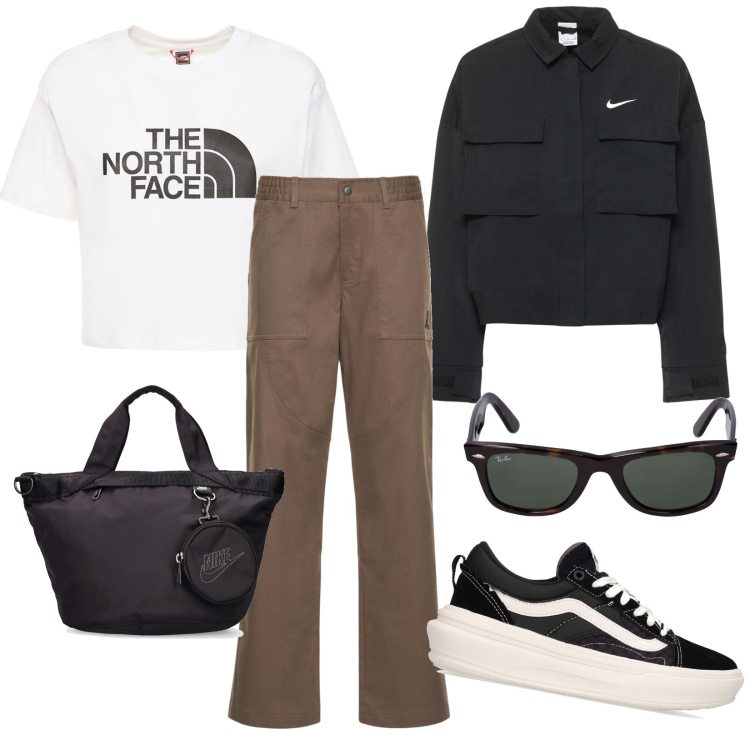Outfit donna - Primavera basic. Stile Urban per Tutti i giorni. Abbinamento con pantaloni, sneakers, t-shirt, giacche, shopping bag, occhiali da sole.