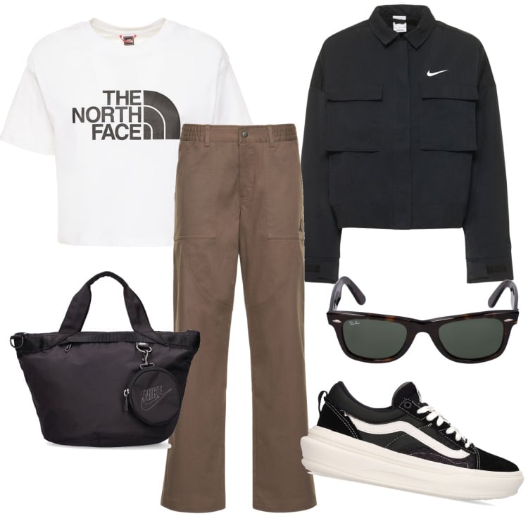 Outfit donna - Primavera basic. Stile Urban per Tutti i giorni. Abbinamento con pantaloni, sneakers, t-shirt, giacche, shopping bag, occhiali da sole.