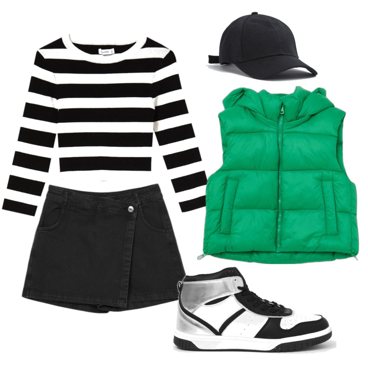 Outfit donna - Calliope. Stile Urban per Tutti i giorni. Abbinamento con cappelli con visiera, sneakers alte, cappotti, shorts, t-shirt.