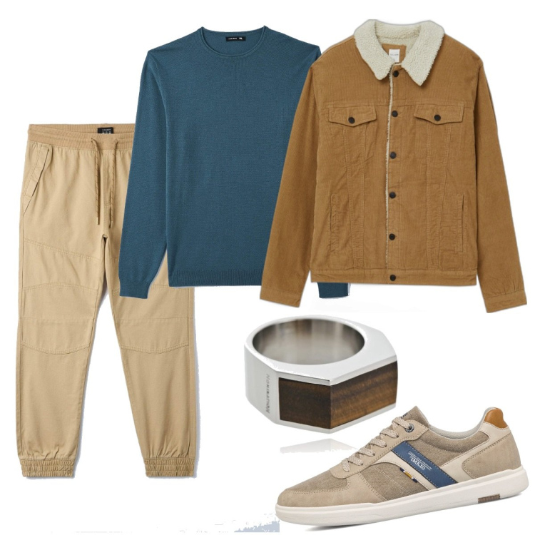 Outfit uomo - Petrolio. Stile Casual per Tutti i giorni. Abbinamento con giacche, sneakers, pantaloni, pullovers, anelli.