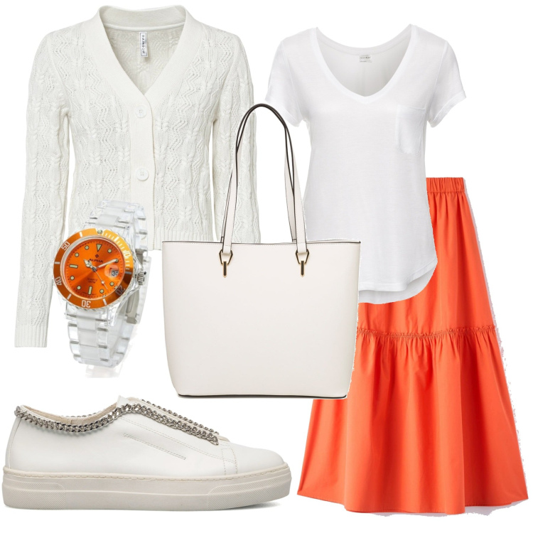 Outfit donna - La gonna arancione. Stile Basic per Tutti i giorni. Abbinamento con t-shirt, cardigans, gonne lunghe, sneakers, borse a spalla, orologi.