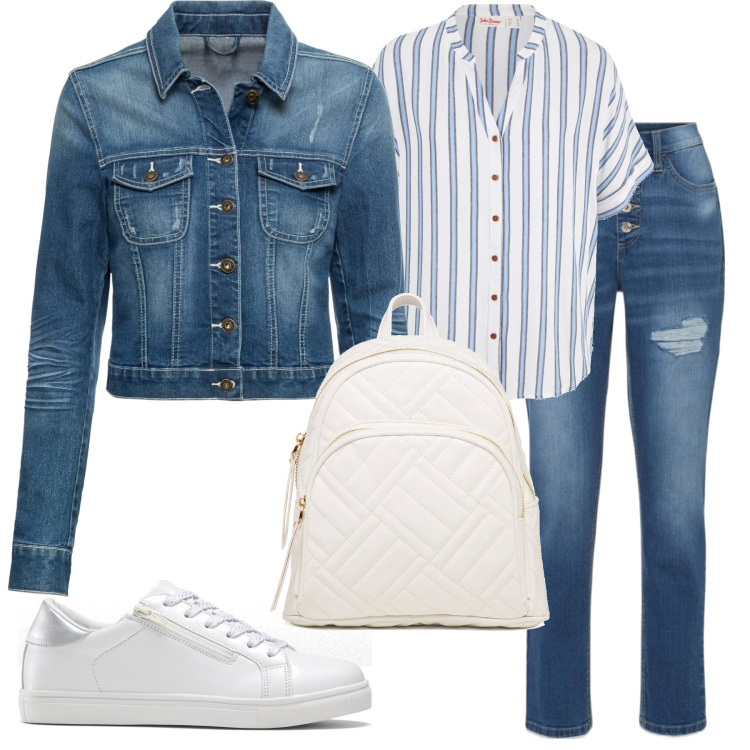 Outfit donna - Lo zaino bianco. Stile Basic per Tutti i giorni. Abbinamento con camicie, sneakers, jeans boyfriend, blazer, zaini.