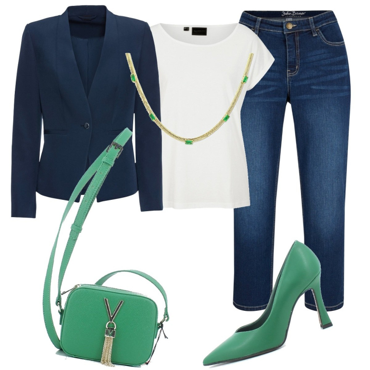Outfit donna - Verde, jeans e tacchi. Stile Casual chic per Tutti i giorni. Abbinamento con blazer, jeans, maglieria, collane, sandali, borse a tracolla.