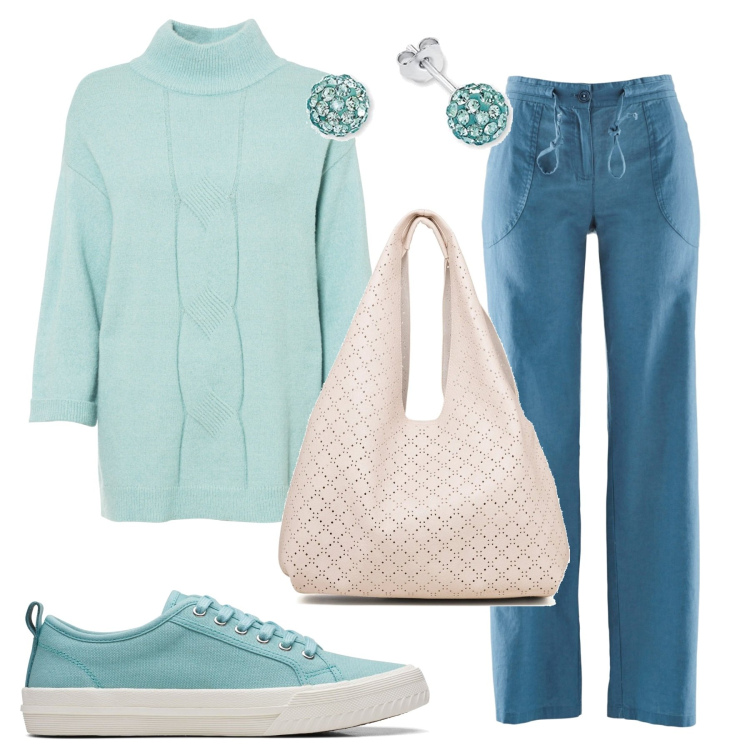 Outfit donna - Morbido e primaverile. Stile Basic per Tutti i giorni. Abbinamento con pantaloni a palazzo, maglieria, sneakers, borse a spalla, orecchini.