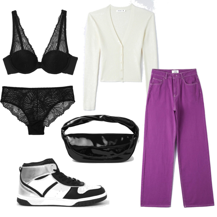 Outfit donna - Spring. Stile Trendy per Tutti i giorni. Abbinamento con sneakers alte, slip, bralette, pochette, cardigans, pantaloni.