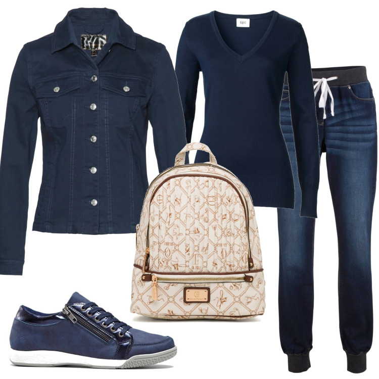 Outfit donna - Blu e zainetto. Stile Basic per Tutti i giorni. Abbinamento con jeans boyfriend, maglieria, blazer, sneakers alte, zaini.