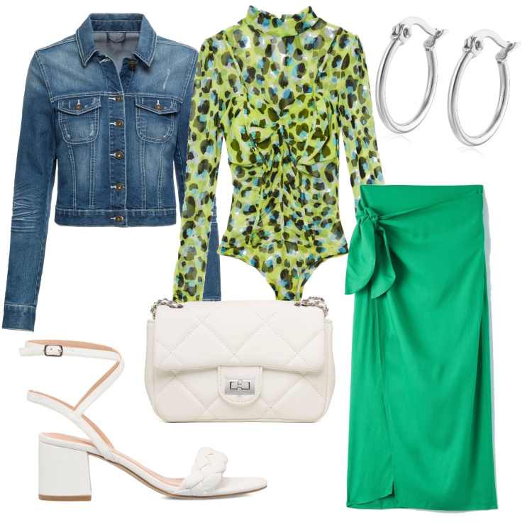 Outfit donna - Spring. Stile Trendy per Tutti i giorni. Abbinamento con blazer, gonne, orecchini, body, sandali in pelle, borse a tracolla.
