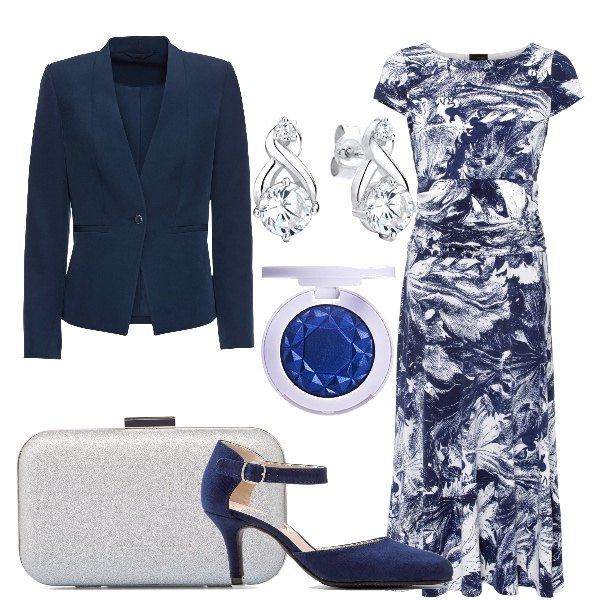 Outfit donna - La mia collega si sposa. Stile Chic per Cerimonia. Abbinamento con blazer, décolleté, vestiti, clutch, ombretti, orecchini.