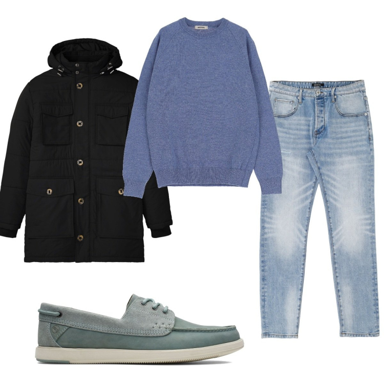 Outfit uomo - Total look #1570369. Stile Casual per Tutti i giorni. Abbinamento con parka, pullovers, jeans dritti, scarpe stringate.