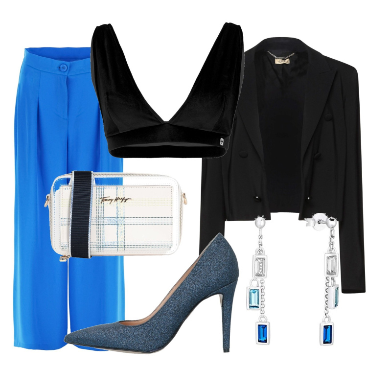 Outfit donna - Battesimo nipote. Stile Chic per Cerimonia. Abbinamento con blazer, décolleté, borse a tracolla, pantaloni a palazzo, top, orecchini.