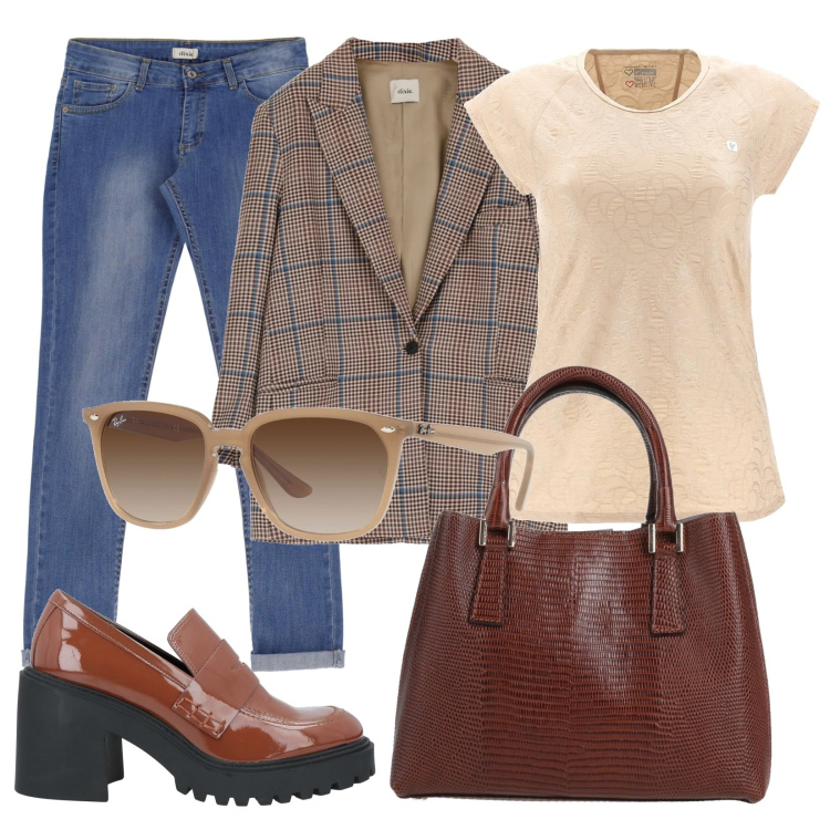 Outfit donna - Total look #1570498. Stile Casual chic per Tutti i giorni. Abbinamento con mocassini, borse a mano, occhiali da sole, t-shirt, cappotti, jeans slim fit.