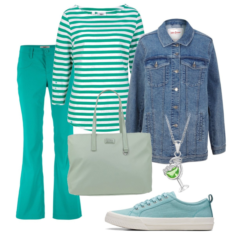 Outfit donna - Passeggiata in città. Stile Casual per Tutti i giorni. Abbinamento con borse a mano, maglieria, blazer, pantaloni, sneakers, ciondoli.