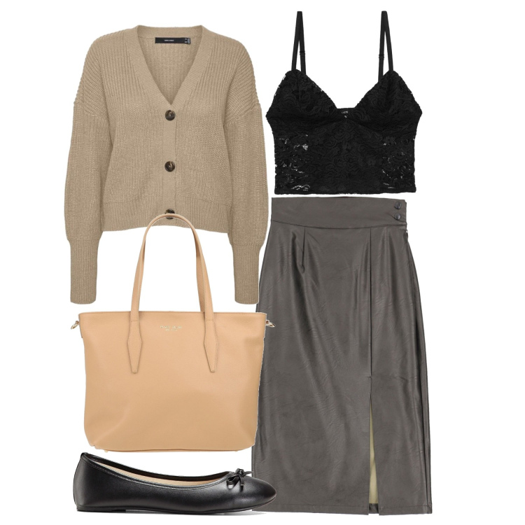 Outfit donna - Una gonna strategica. Stile Chic per Serata fuori. Abbinamento con ballerine, borse a mano, top, gonne longuette, cardigans.
