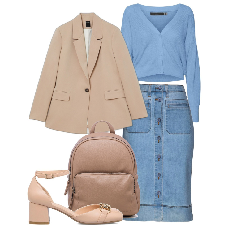 Outfit donna - L\'azzurro e il cipria. Stile Casual chic per Tutti i giorni. Abbinamento con gonne, giacche, décolleté, cardigans, zaini.