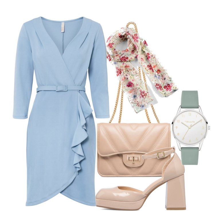 Outfit donna - Un\'aria retró. Stile Chic per Tutti i giorni. Abbinamento con foulard, vestiti, décolleté, borse a tracolla, orologi analogici.