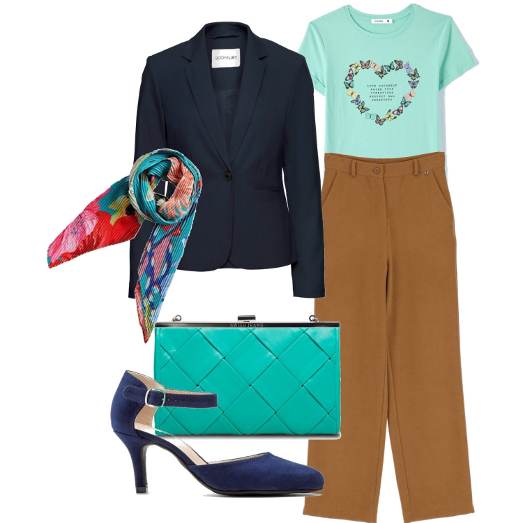 Outfit donna - Un giorno di colore. Stile Chic per Tutti i giorni. Abbinamento con blazer, décolleté, t-shirt, pantaloni, clutch, sciarpe.