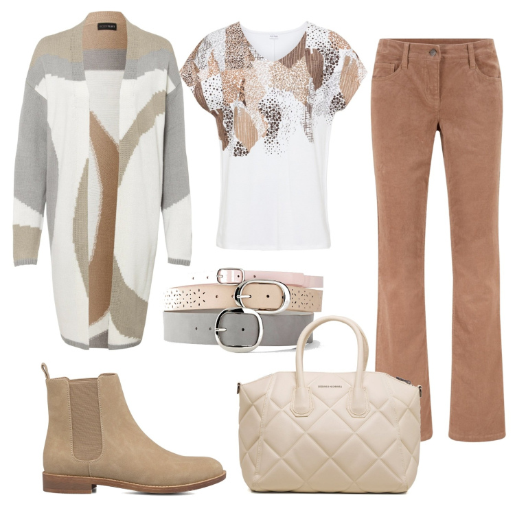 Outfit donna - Completo cardigan. Stile Casual chic per Tutti i giorni. Abbinamento con pantaloni, maglieria, cardigans, cinture, stivaletti, borse a mano.