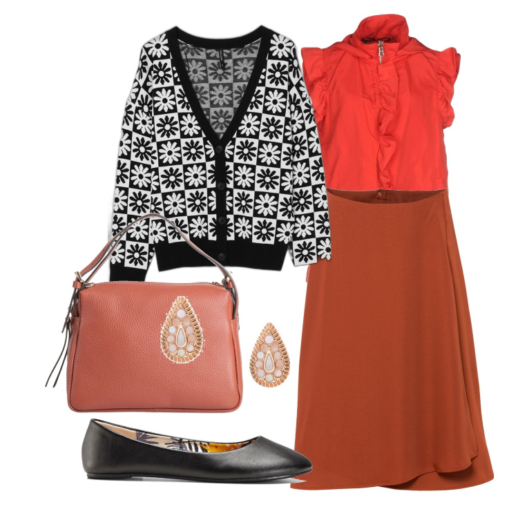 Outfit donna - Un cardigan simpatico. Stile Chic per Tutti i giorni. Abbinamento con ballerine, gonne longuette, giacche, borse a mano, cardigans, orecchini.