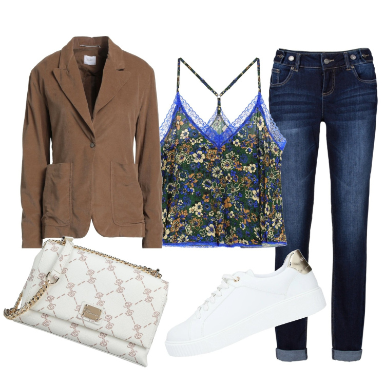 Outfit donna - Il top floreale. Stile Casual chic per Tutti i giorni. Abbinamento con jeans boyfriend, sneakers, blazer, borse a tracolla, top.