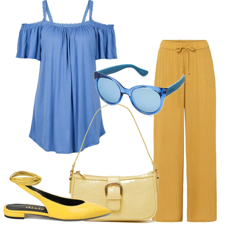 Outfit donna - Giallo sole. Stile Basic per Tutti i giorni. Abbinamento con pantaloni, maglieria, borse a spalla, sandali, occhiali da sole.