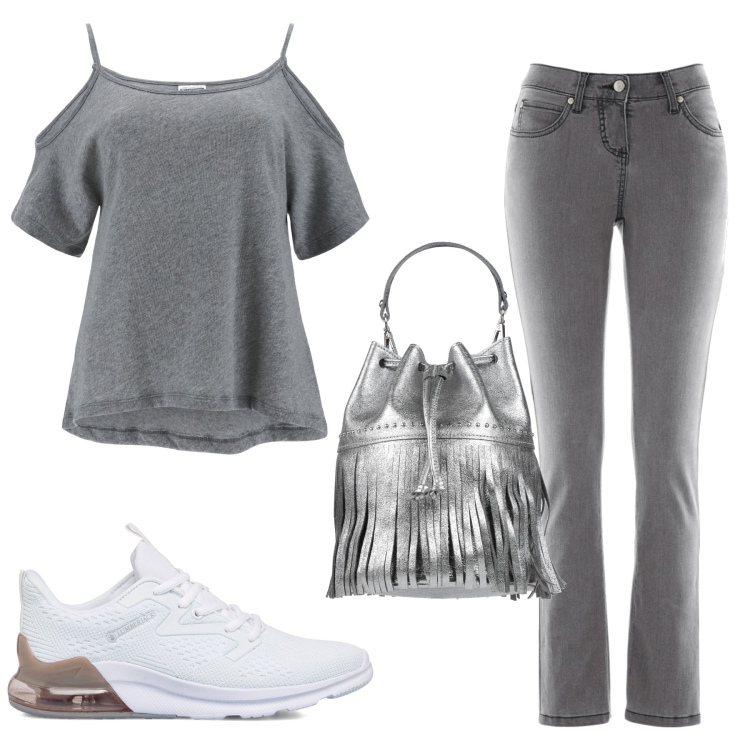 Outfit donna - Il secchiello grigio. Stile Basic per Tutti i giorni. Abbinamento con jeans slim fit, borse a mano, t-shirt, sneakers.