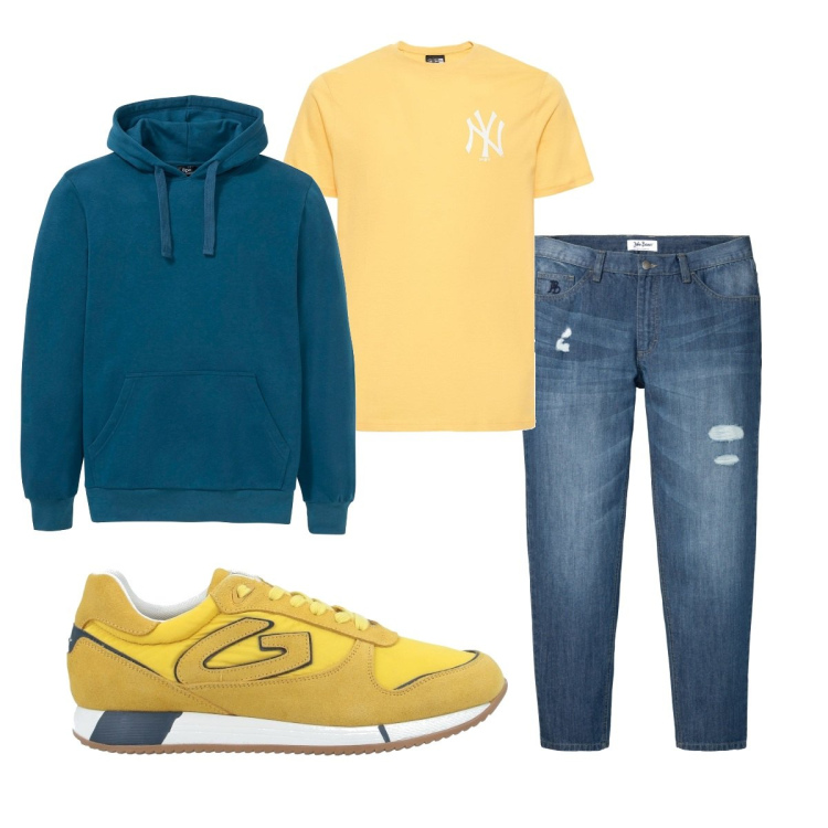 Outfit uomo - Casual #7839. Stile Casual per Tutti i giorni. Abbinamento con felpe con cappuccio, jeans, sneakers, t-shirt.