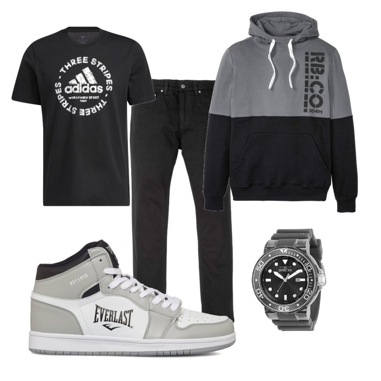 Outfit uomo - Trendy #5039. Stile Trendy per Tutti i giorni. Abbinamento con felpe con cappuccio, jeans slim fit, t-shirt, sneakers alte, orologi analogici.